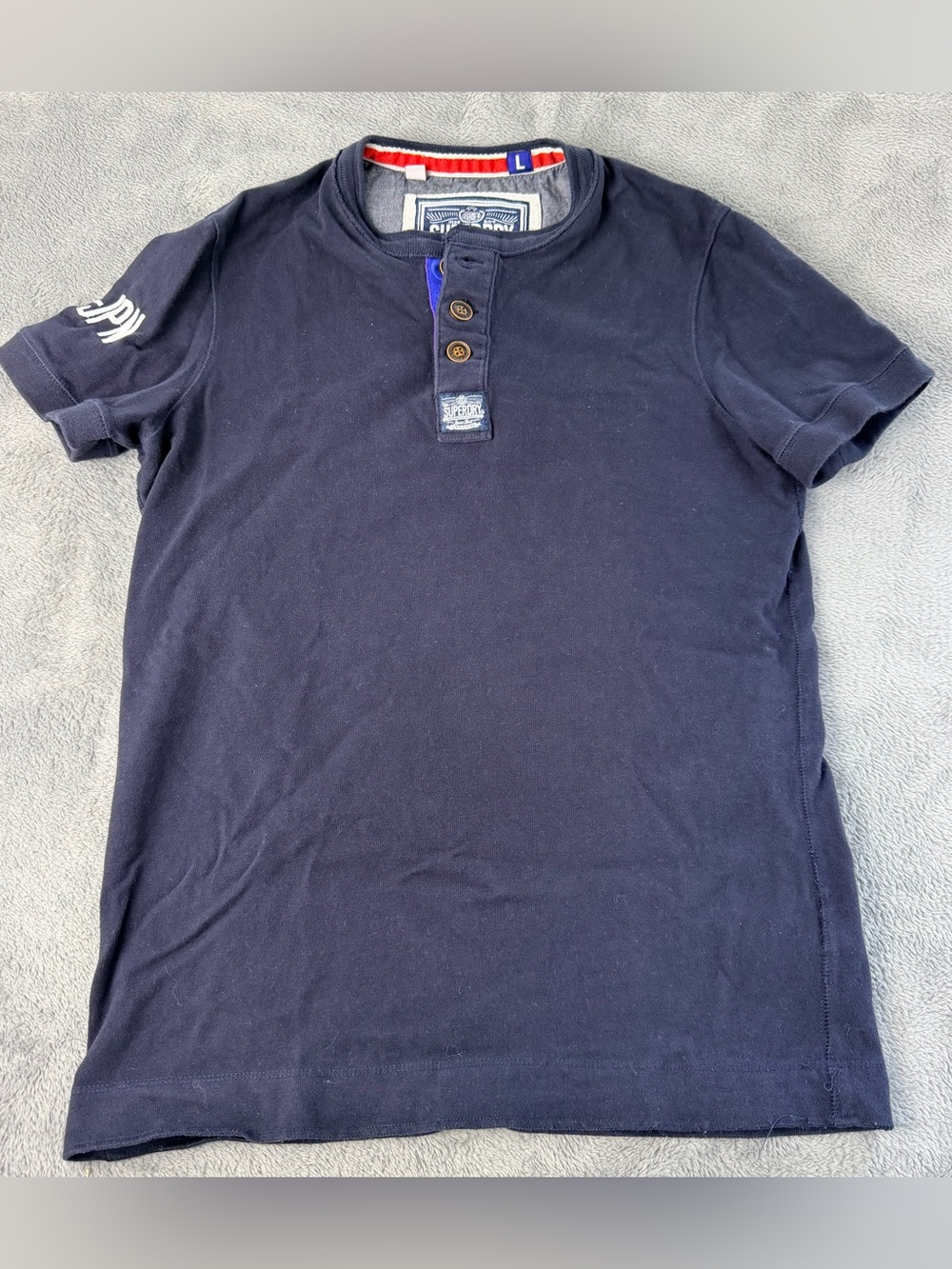 Superdry Men’s Large Navy Blue Henley T Shirt Short Sleeve Button Logo Japan